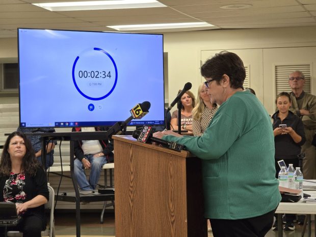 Madonna Munley of Archbald shares her concerns about potential low-frequency sounds emitted from data centers while testifying during a zoning hearing at St. Thomas Aquinas Church, Archbald, on Monday, Sept. 29, 2025. (FRANK WILKES LESNEFSKY / STAFF PHOTO)