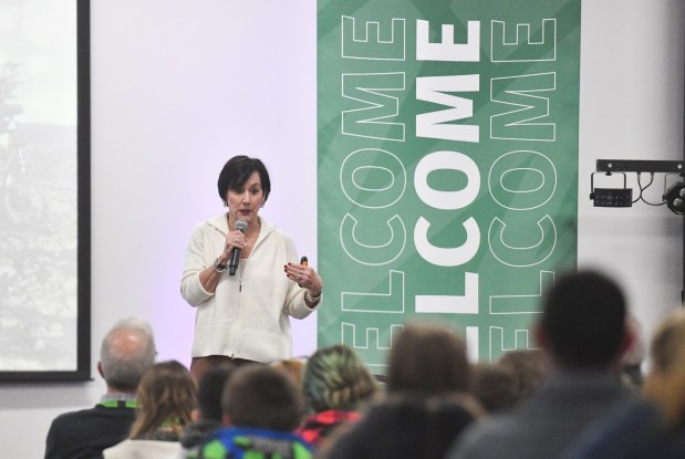 Patricia Hume, industry executive and board member of the American Manufacturing Association, speaks to educators and students during the ImagineX event at the Nazareth Student Center at Marywood University on Wednesday, March 25, 2026. (SEAN MCKEAG / STAFF PHOTOGRAPHER)