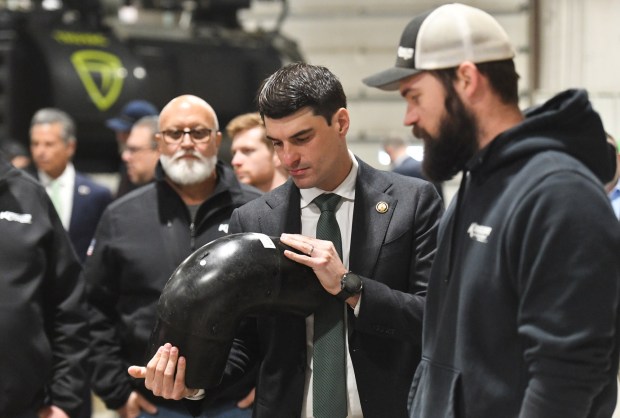 U.S. Rob Bresnahan studies an elbow for a gas pipe at Kriger Pipeline in Dickson City Thursday, March 12, 2026. (SEAN MCKEAG / STAFF PHOTOGRAPHER)