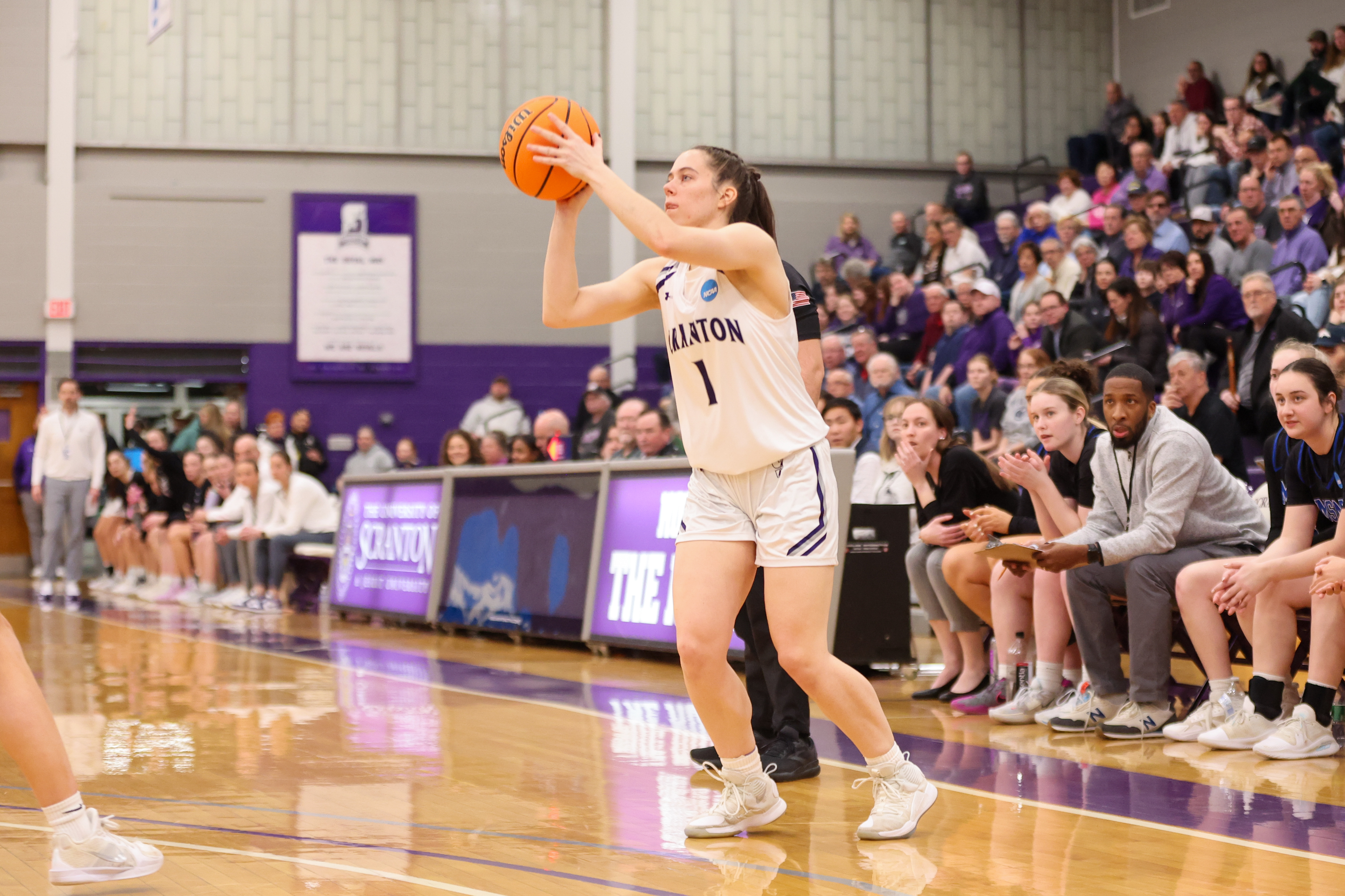 Scranton’s Kaeli Romanowski shoots a 3-pointer against Mount Saint Mary...