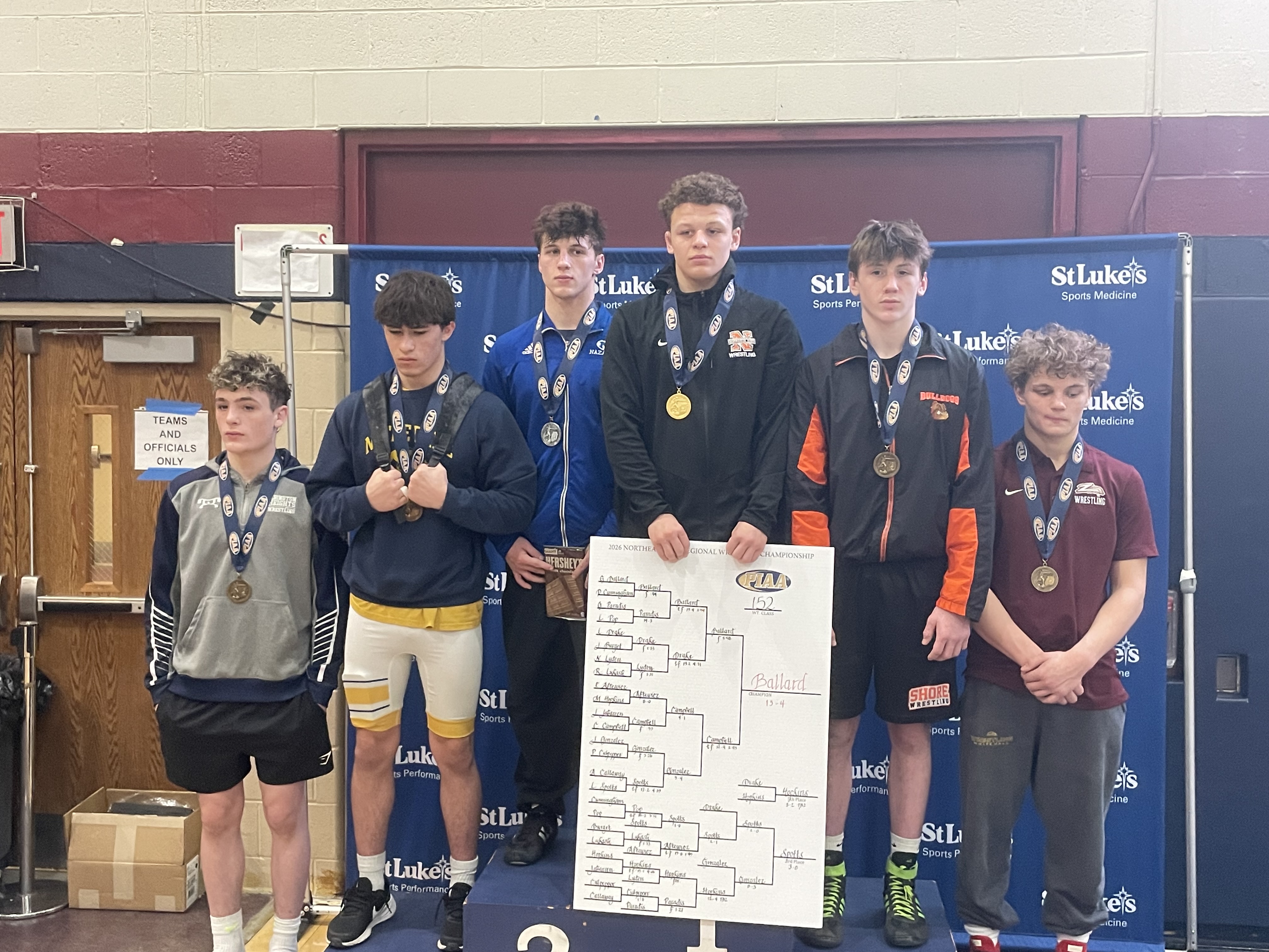 Abington Heights’ Lucas Drake (sixth place) on the 152-pound podium....