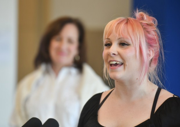 Client Joy Golden gives a personal testimony at Maternal and Family Health Services in Scranton Friday, March 13, 2026. (SEAN MCKEAG / STAFF PHOTOGRAPHER)
