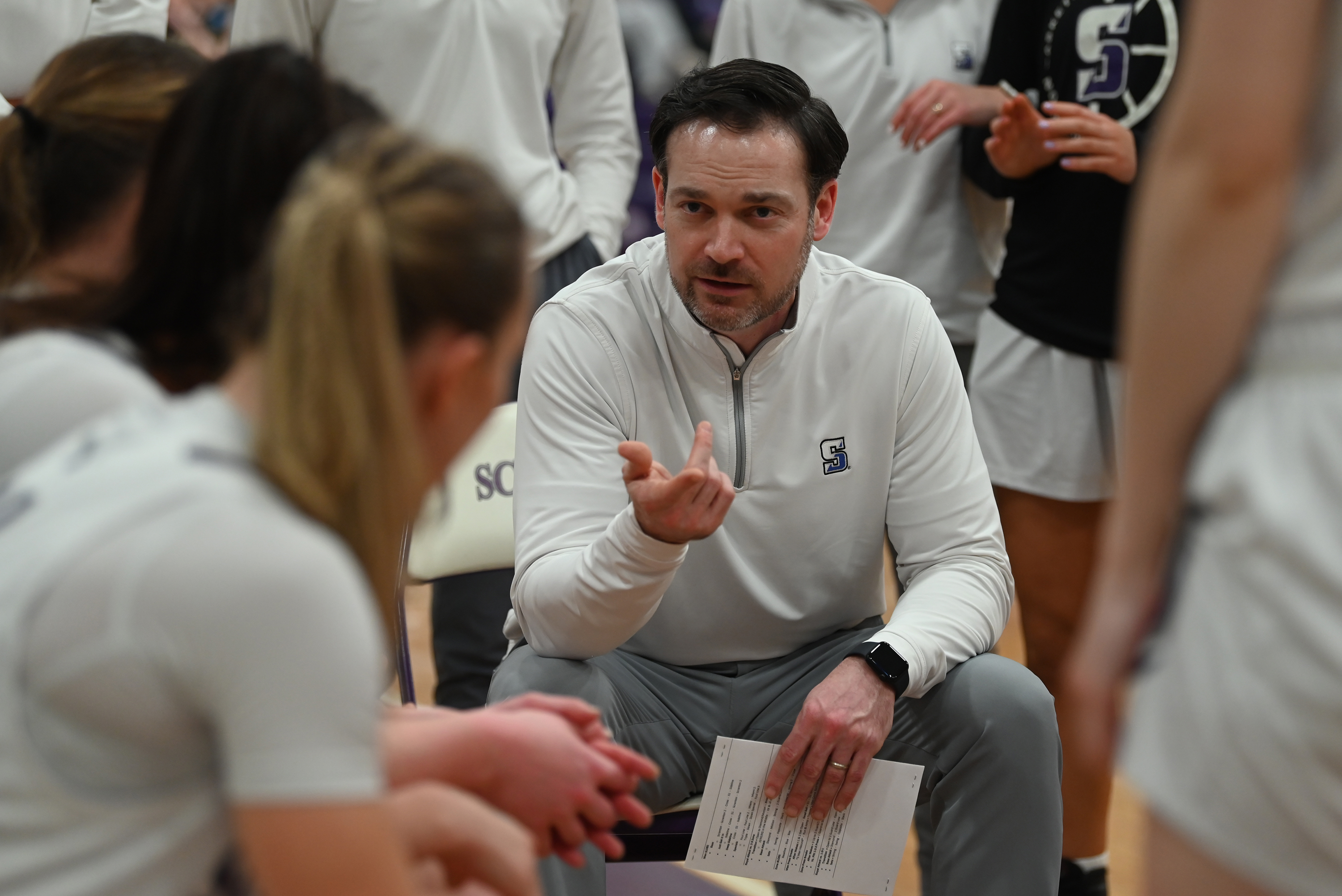 University of Scranton’s head coach Ben O’Brien talks to his...
