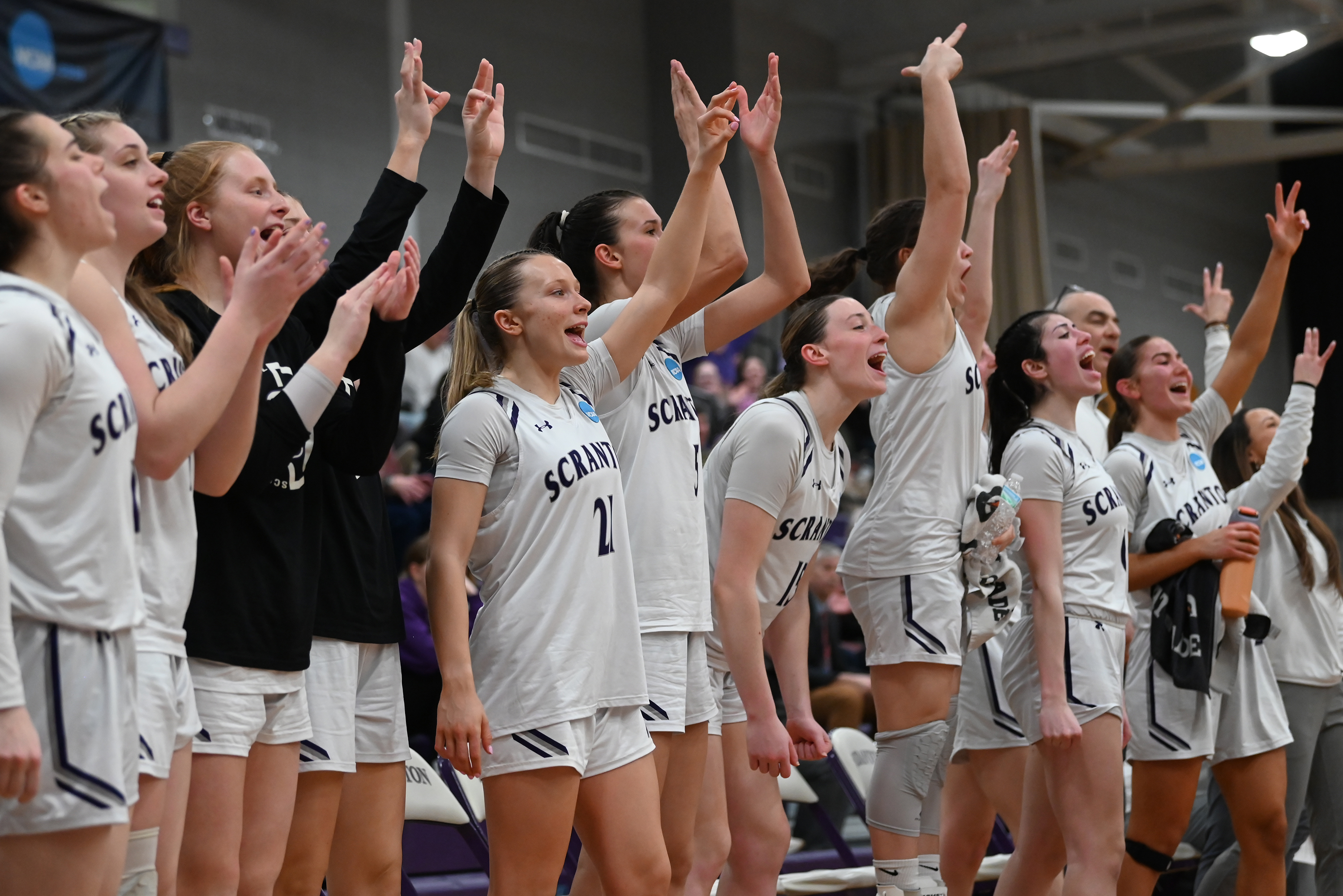 The Lady Royals’ bench cheers after their team scored against...