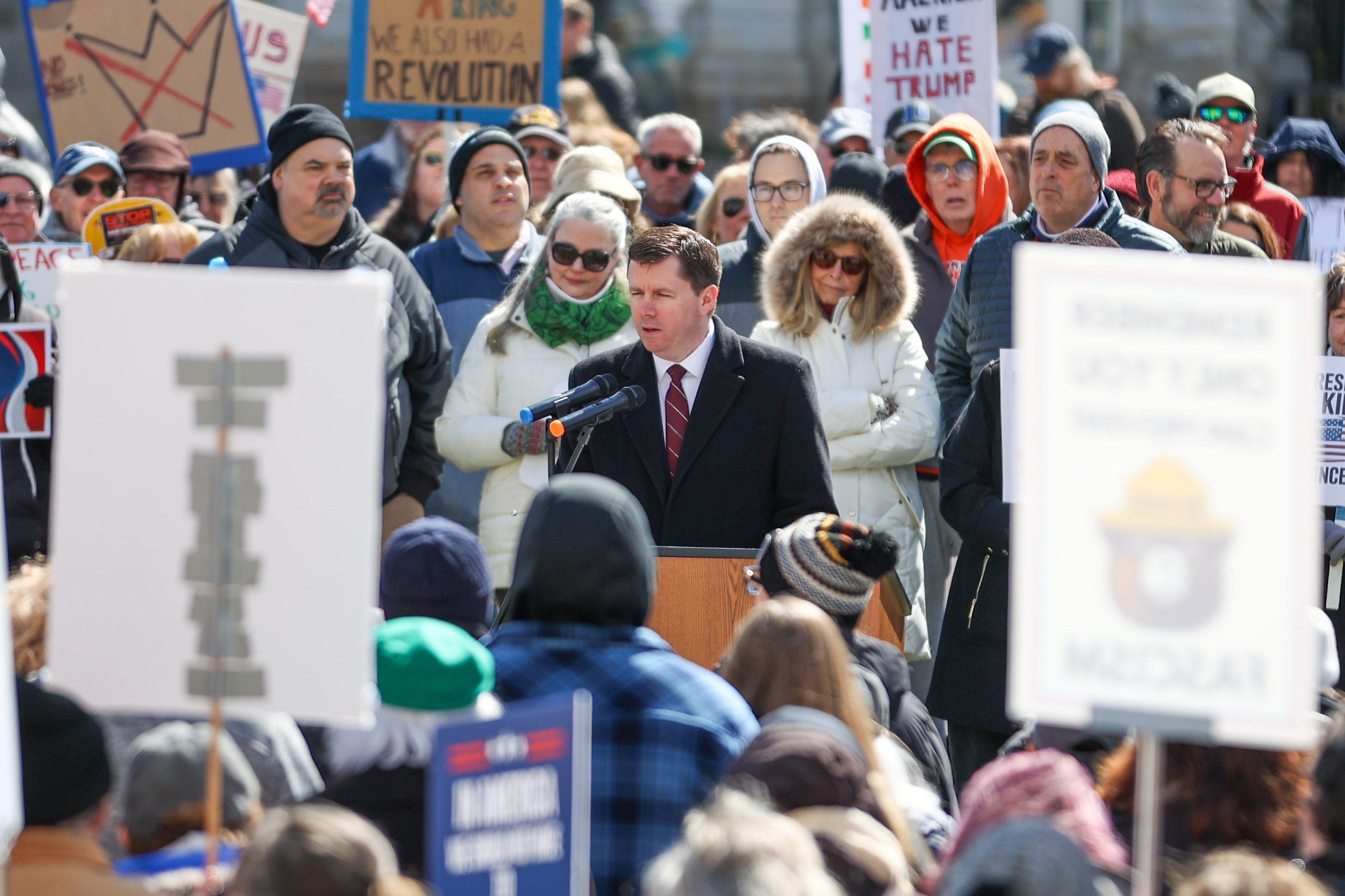 Lackawanna County commissioner Bill Gaughan speaks during the ‘No Kings’...