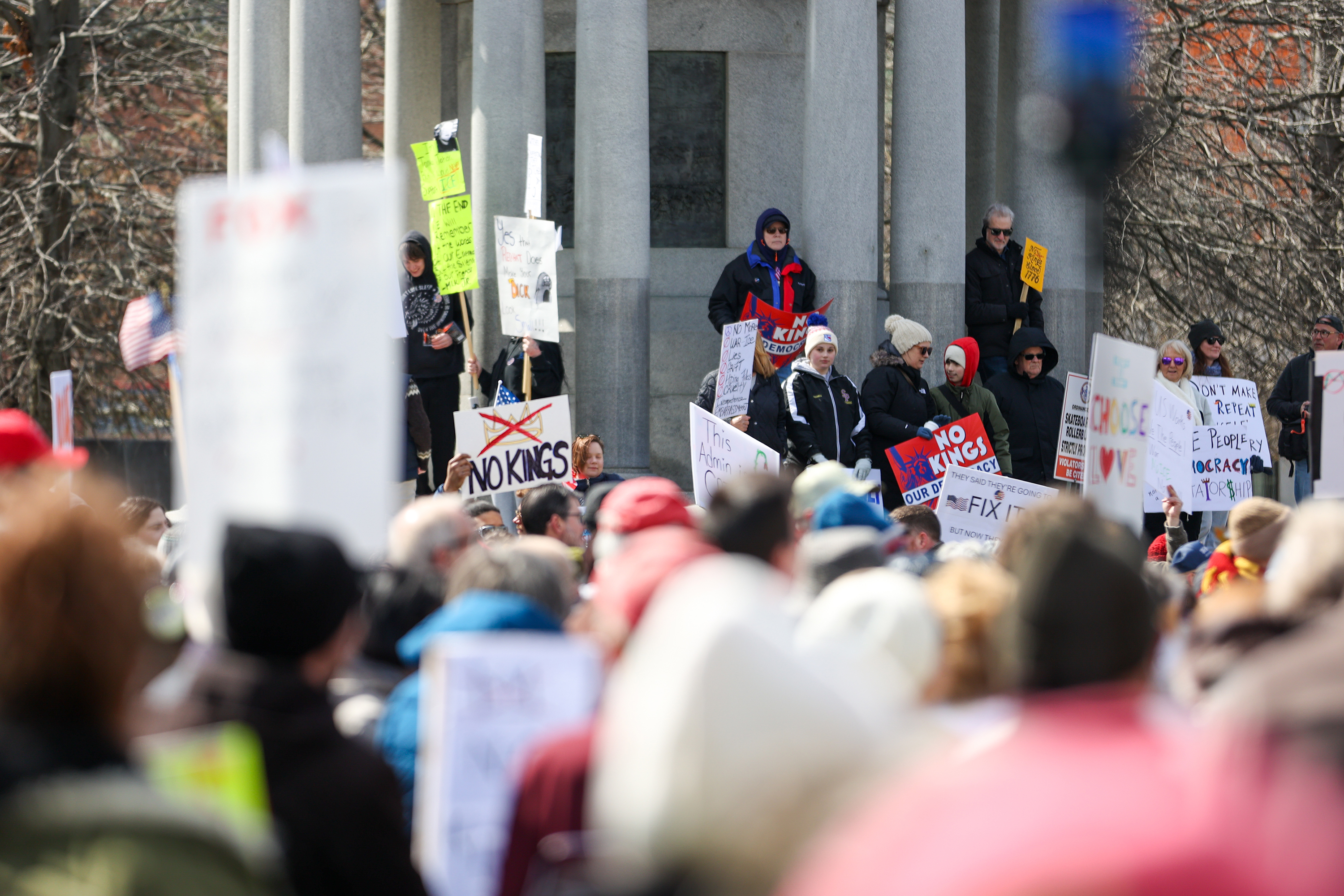 Attendees watch from the Gettysburg monument during the ‘No Kings’...