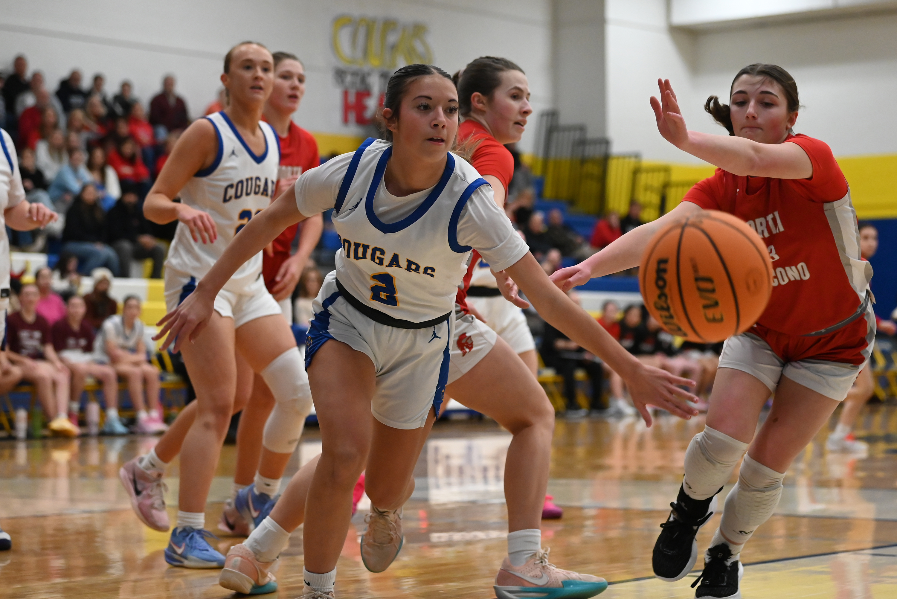 North Pocono’s Julia Biko and Valley View’s Mady Minelli compete...