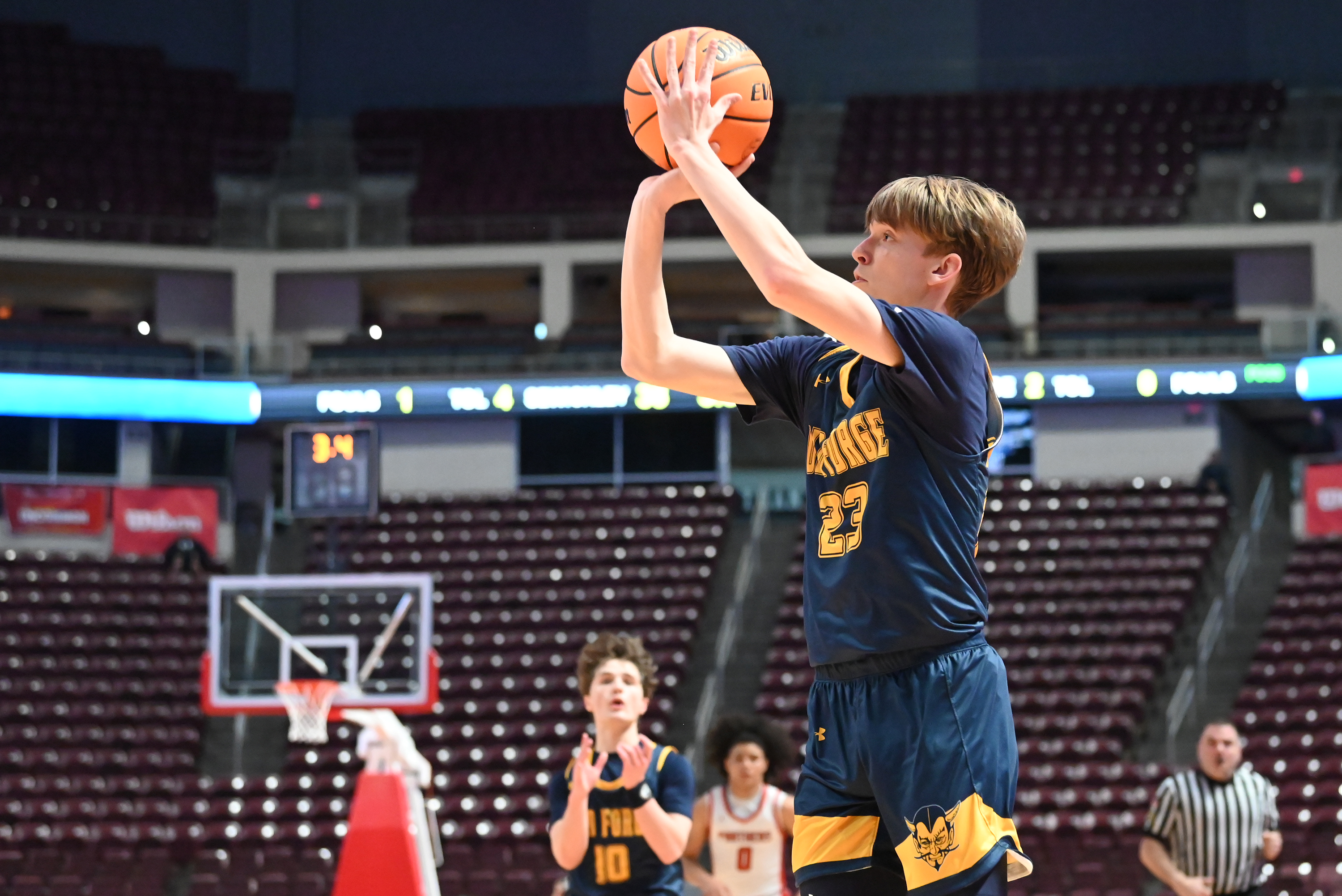 Old Forge’s Arthur Askew shoots during the PIAA Class 2A...