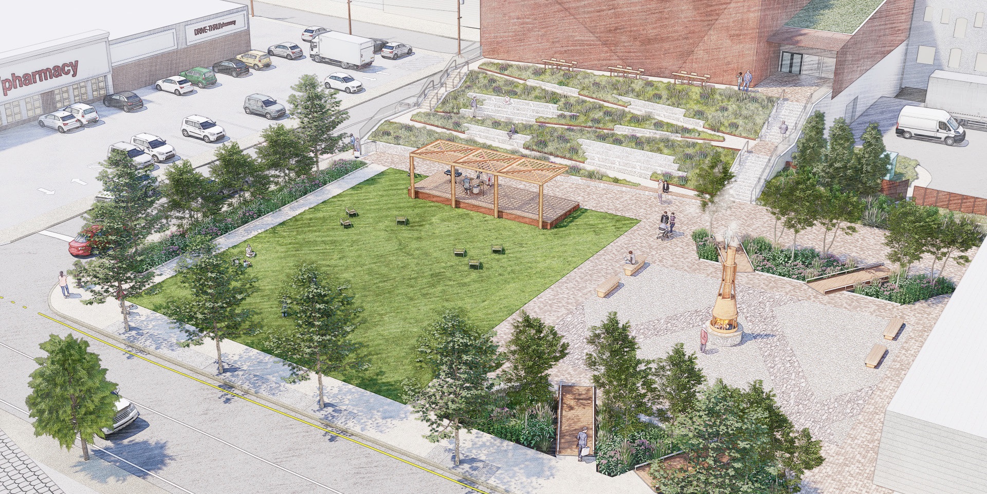 Renderings show plans for future development of a park, theater...
