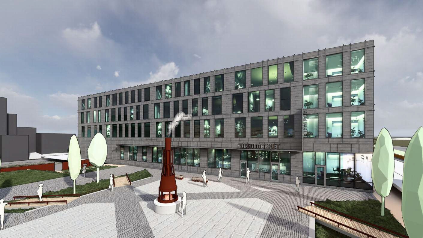 Renderings show plans for future development of a park, theater...