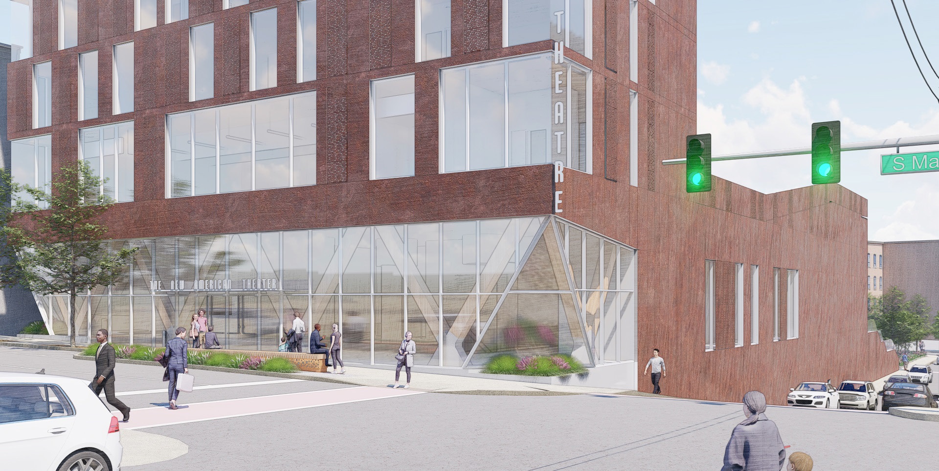 Renderings show plans for future development of a park, theater...