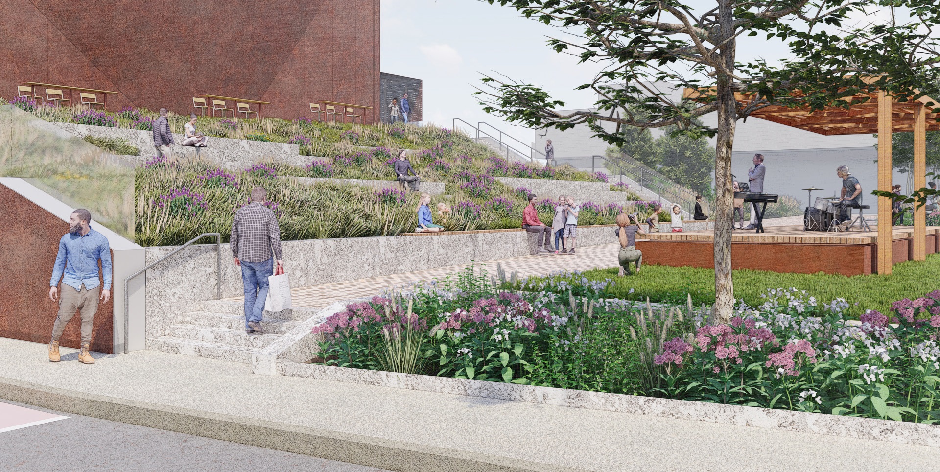 Renderings show plans for future development of a park, theater...