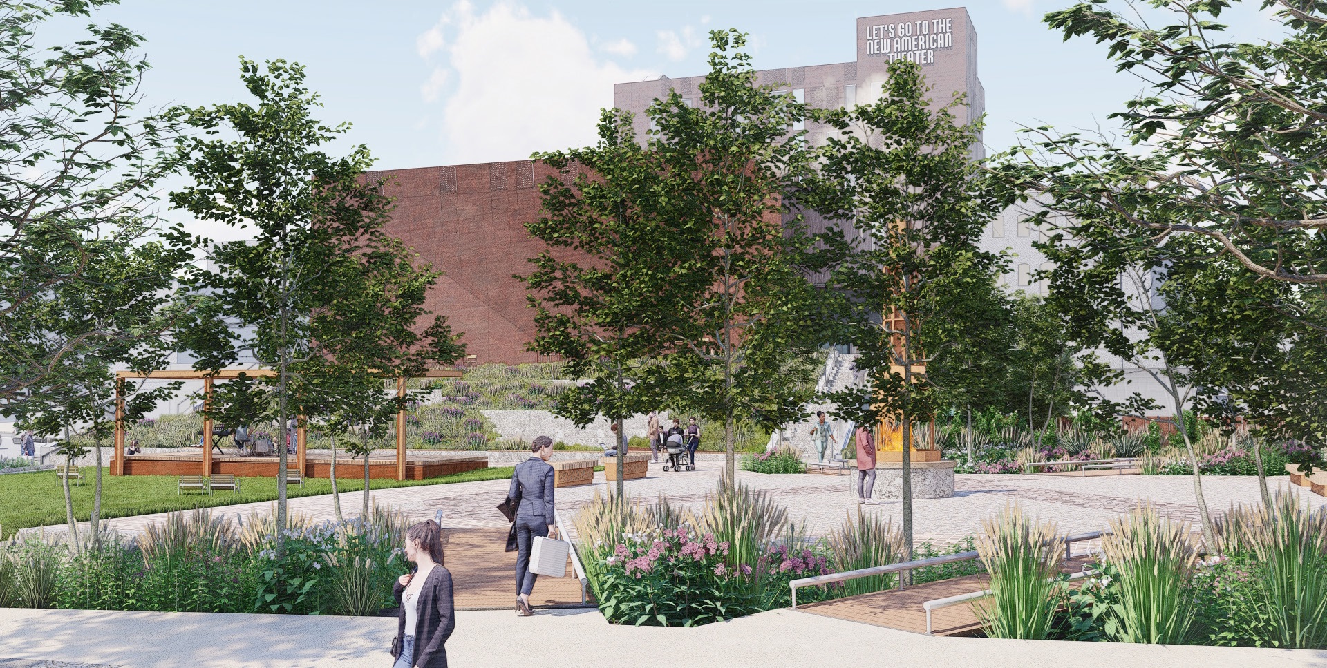 Renderings show plans for future development of a park, theater...