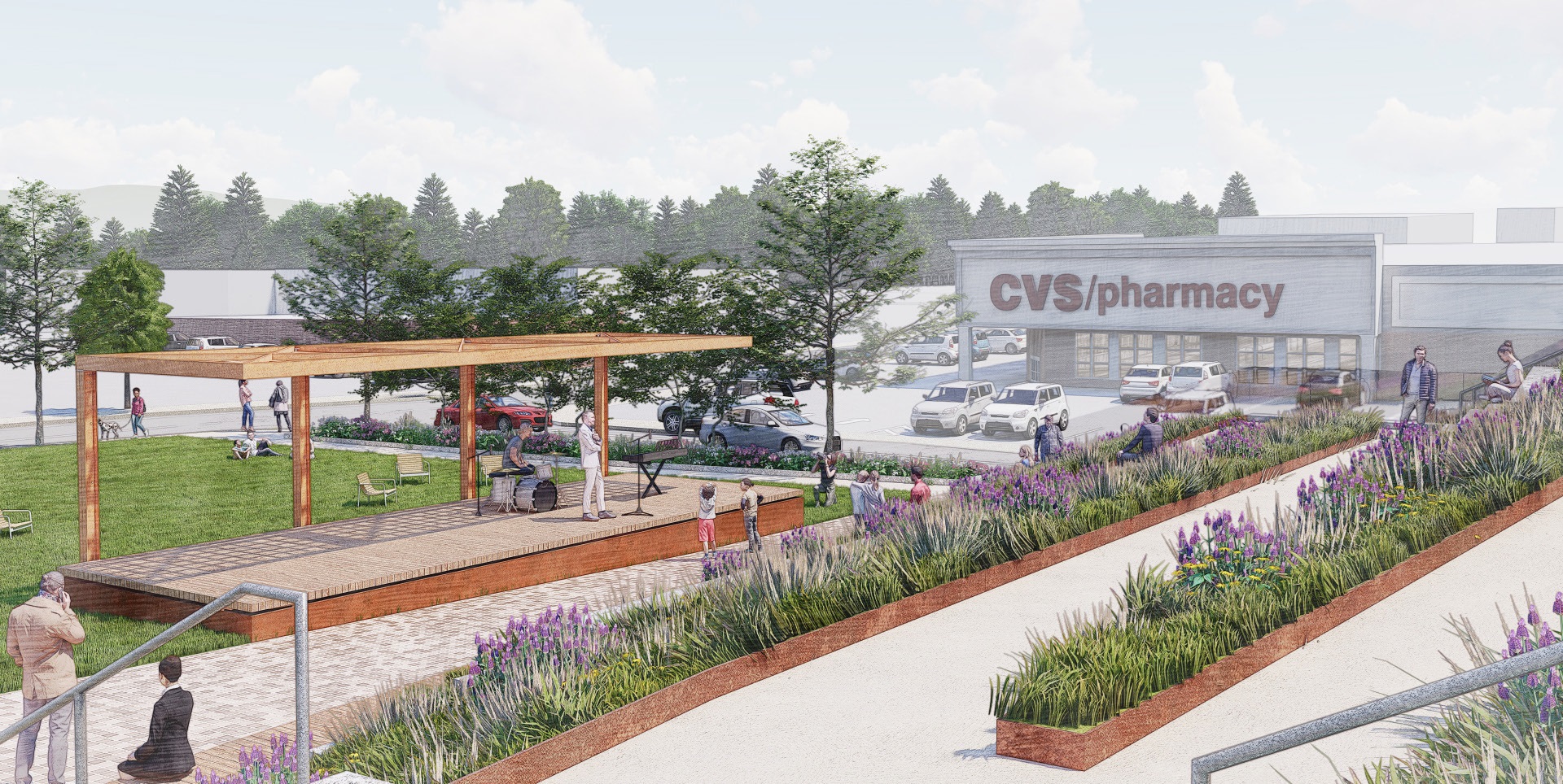 Renderings show plans for future development of a park, theater...