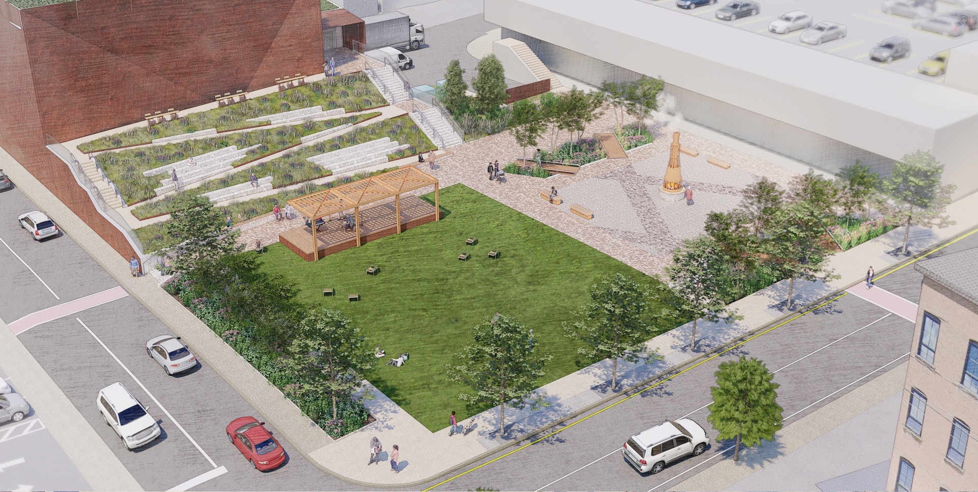 Renderings show plans for future development of a park, theater...