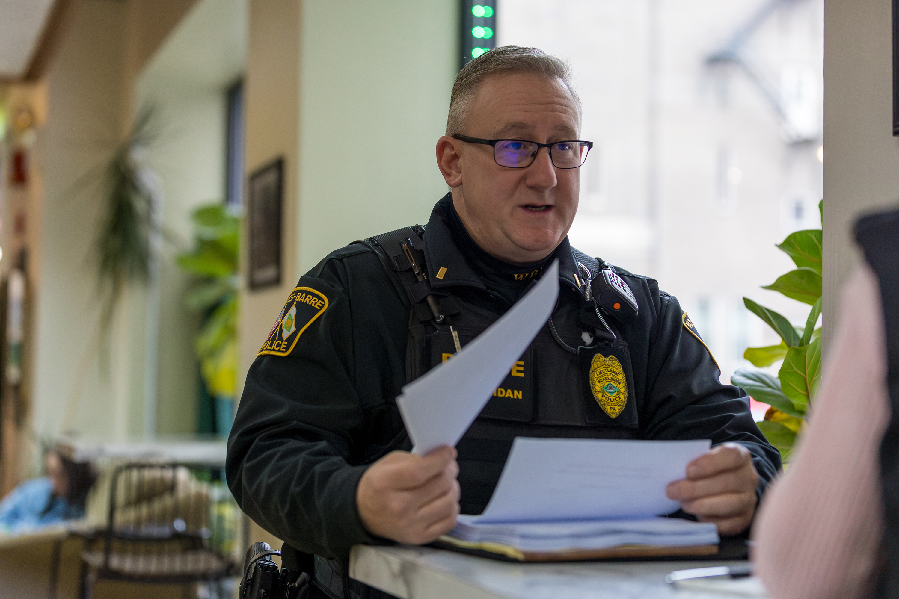 Wilkes-Barre City Police Sergeant James Sheridan attends an interview at...