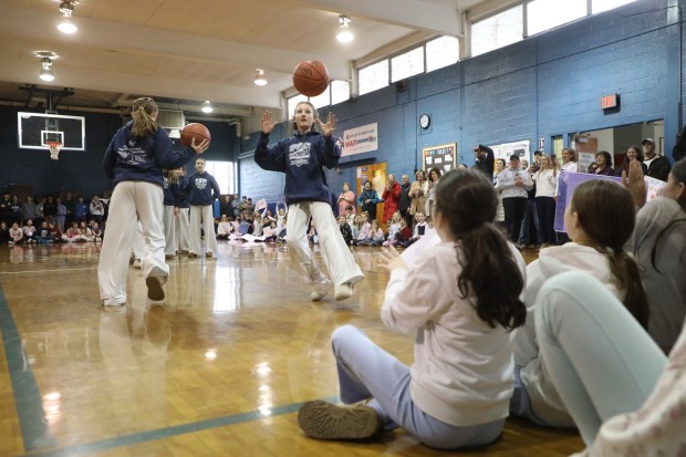 The Lady Falcons demonstrate their skills during the pep rally at Our Lady of Peace School in Clarks Green on Thursday, March 12, 2026. (REBECCA PARTICKA/STAFF PHOTOGRAPHER)