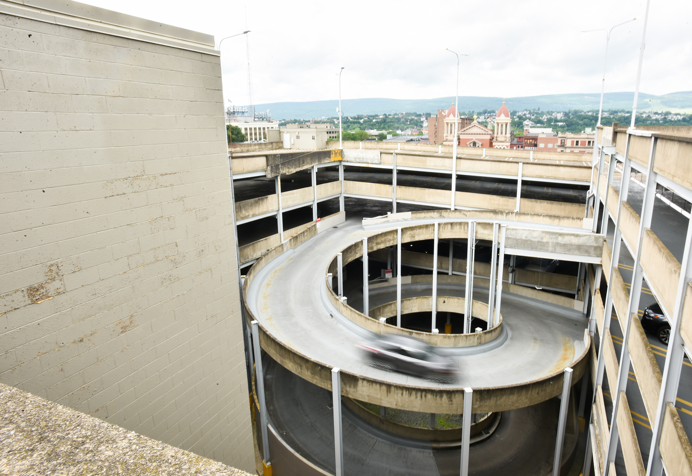 A vehicle moves down the ramp in the Linden Garage...