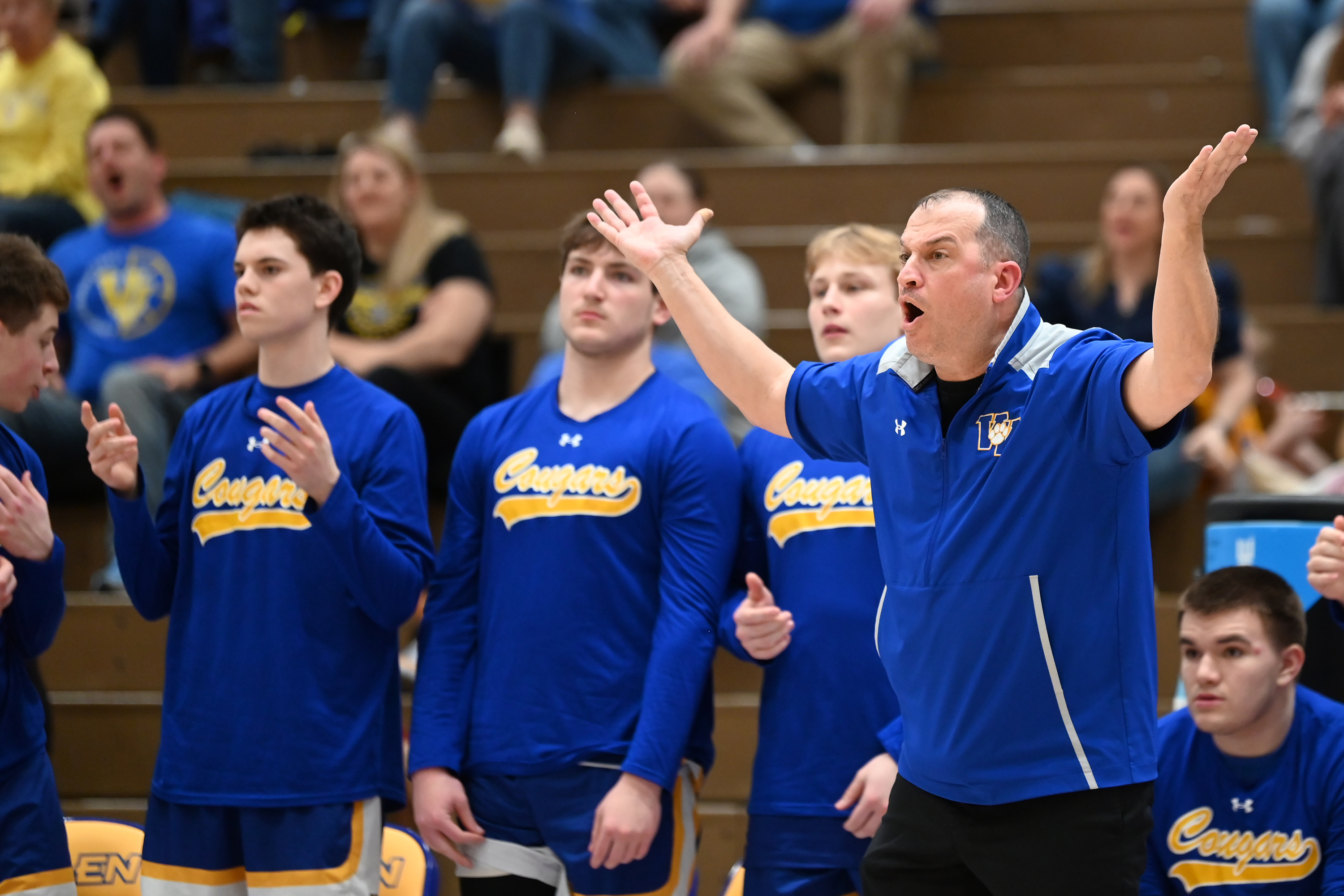 Valley View’s head coach Mike Kurpis and his bench react...