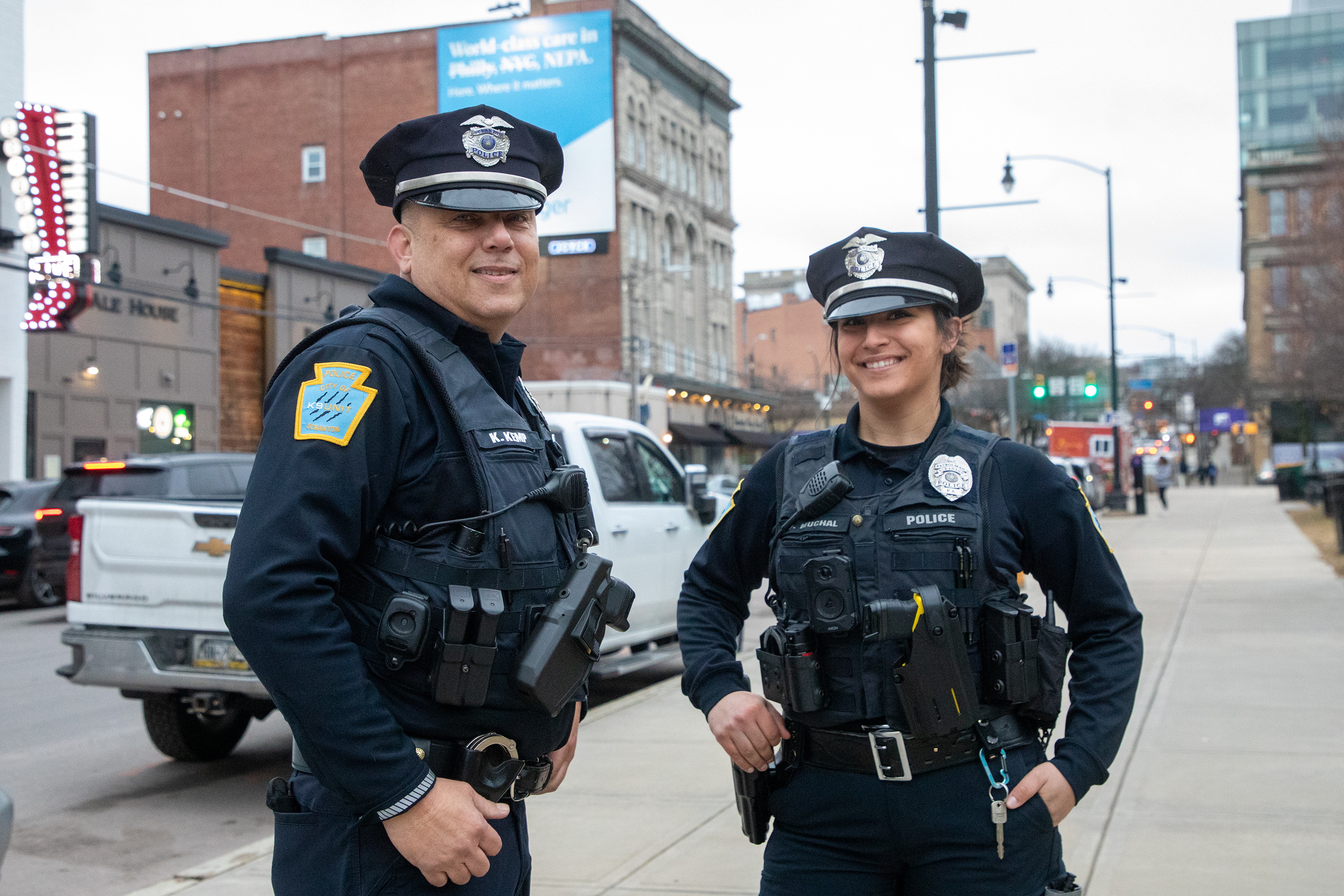 Patrol officers Kyle Kemp and Olivia Muchal in downtown Scranton...