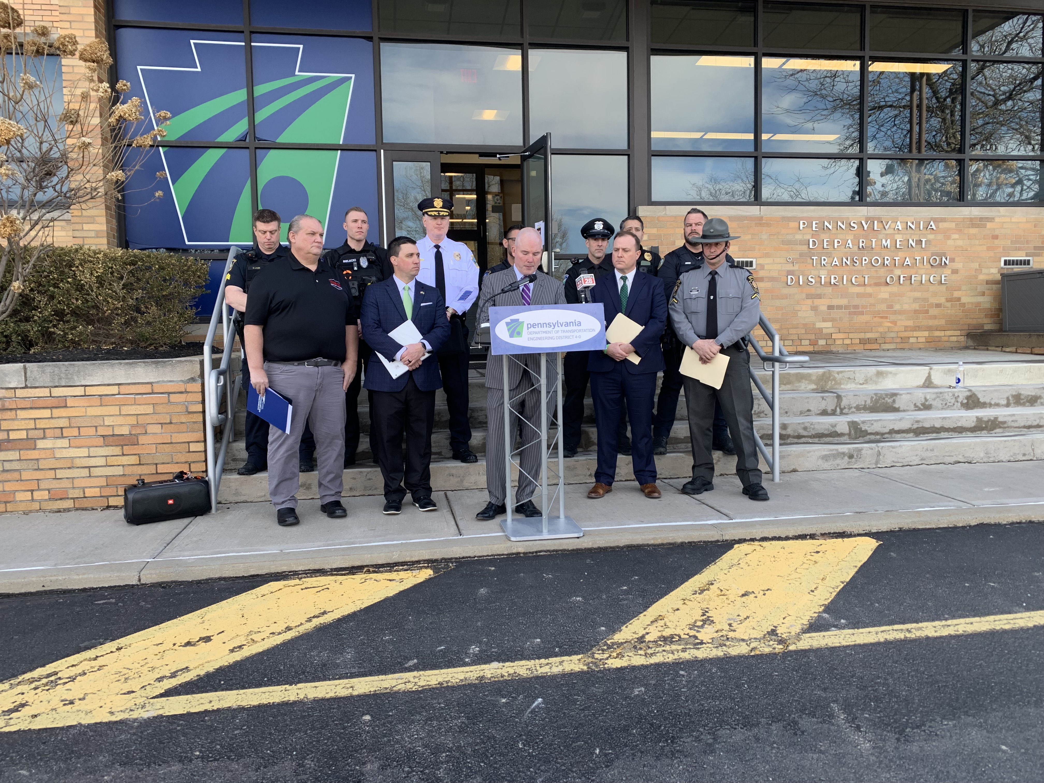 State Sen. Marty Flynn, D-22, Dunmore, at podium speaks on...