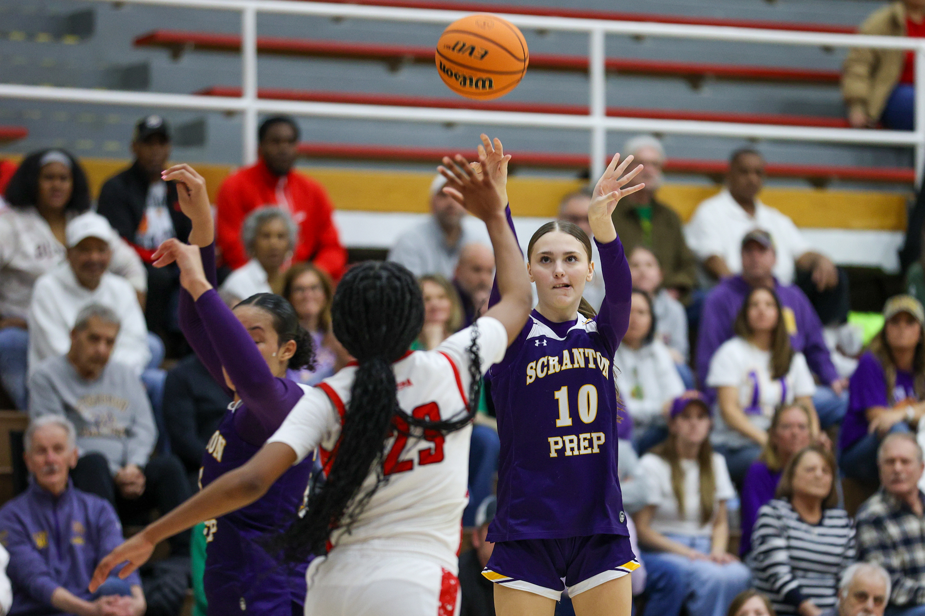 Scranton Prep’s Shannon Bestrycki (10) takes a three-point shot during...