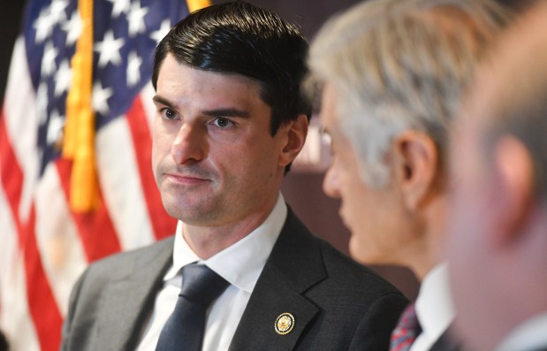 U.S. Rep. Rob Bresnahan looks on during a press conference at Moses Taylor Hospital in Scranton Thursday, February 26, 2026. (SEAN MCKEAG / STAFF PHOTOGRAPHER)