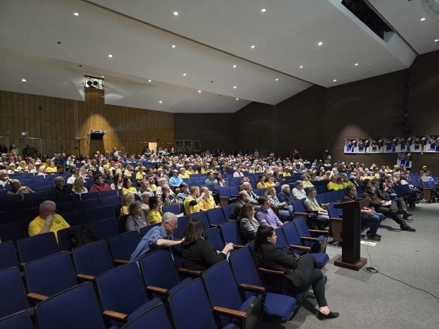 Residents filled the Valley View High School auditorium in Archbald for a public hearing on the Wildcat Ridge Data Center Campus on Tuesday, March 10, 2026. (FRANK WILKES LESNEFSKY / STAFF PHOTO)
