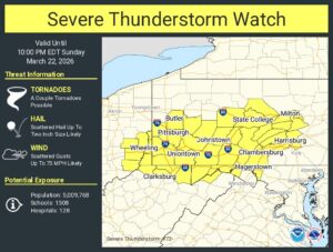 A Severe Thunderstorm Watch is in effect for the yellow area.  Image: NWS SPC