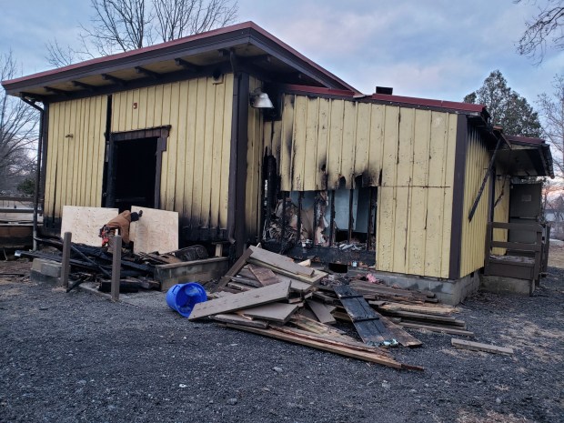 The 1872 freight depot known as the Freight House in Sinking Spring's Heritage Park is heavily damaged by a fire last March. The building was used for meetings by community groups and displayed artifacts owned by Sinking Spring Area Historical Society. (MICHELLE LYNCH - READING EAGLE) 