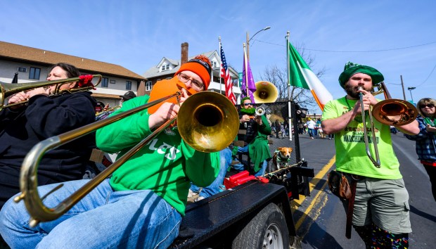 The Allentown Hobo "Almost" Marching Band performs Sunday, March 23, 2025, during the 66th annual St. Patrick's Day Parade in Allentown. (April Gamiz/The Morning Call)