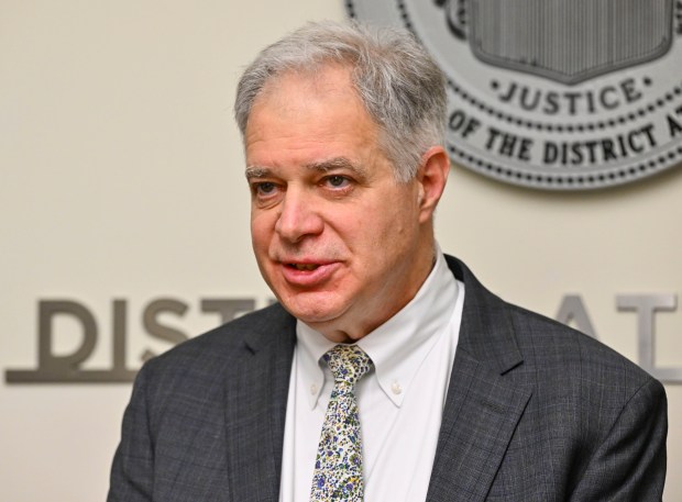 Northampton County District Attorney Stephen Baratta holds a news conference Tuesday, April 15, 2025, at Northampton County Courthouse in Easton to announce that Enci "Aubrey" Wu has been found in Georgia. Aubrey, a Palmer Township teenager, had been missing since Jan.. (April Gamiz/The Morning Call)