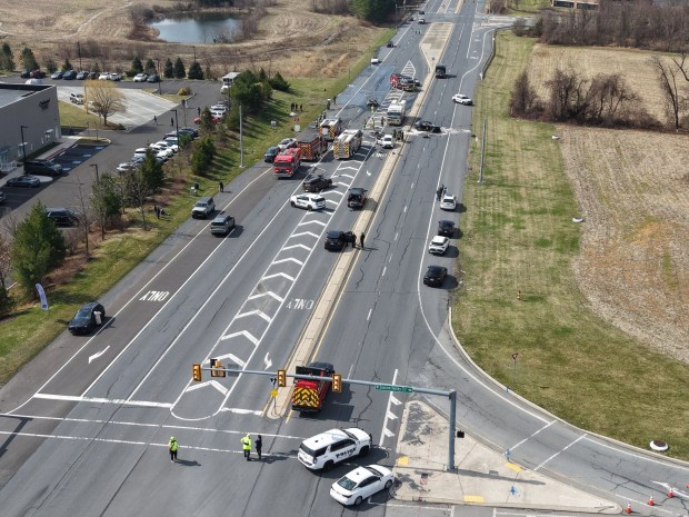 One person is dead after a 7-vehicle crash Sunday, March 22, 2026, on Center Valley Parkway in Upper Saucon Township. A car driven by Brian McKenna, 62, crossed the center concrete median and hit multiple vehicles traveling eastbound, authorities said. McKenna died and three others were taken to hospitals. (Rich Rolen/Special to The Morning Call)