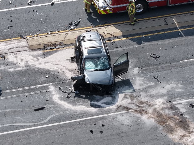 One person is dead after a 7-vehicle crash Sunday, March 22, 2026, on Center Valley Parkway in Upper Saucon Township. A car driven by Brian McKenna, 62, crossed the center concrete median and hit multiple vehicles traveling eastbound, authorities said. McKenna died and three others were taken to hospitals. (Rich Rolen/Special to The Morning Call)