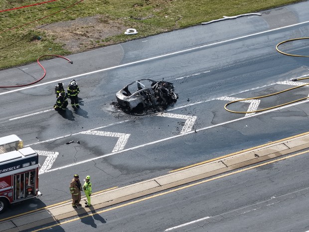 One person is dead after a 7-vehicle crash Sunday, March 22, 2026, on Center Valley Parkway in Upper Saucon Township. A car driven by Brian McKenna, 62, crossed the center concrete median and hit multiple vehicles traveling eastbound, authorities said. McKenna died and three others were taken to hospitals. (Rich Rolen/Special to The Morning Call)