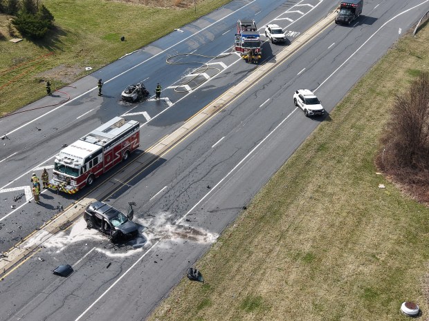 One person is dead after a 7-vehicle crash Sunday, March 22, 2026, on Center Valley Parkway in Upper Saucon Township. A car driven by Brian McKenna, 62, crossed the center concrete median and hit multiple vehicles traveling eastbound, authorities said. McKenna died and three others were taken to hospitals. (Rich Rolen/Special to The Morning Call)