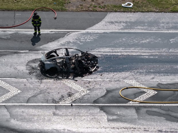One person is dead after a 7-vehicle crash Sunday, March 22, 2026, on Center Valley Parkway in Upper Saucon Township. A car driven by Brian McKenna, 62, crossed the center concrete median and hit multiple vehicles traveling eastbound, authorities said. McKenna died and three others were taken to hospitals. (Rich Rolen/Special to The Morning Call)