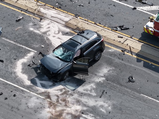 One person is dead after a 7-vehicle crash Sunday, March 22, 2026, on Center Valley Parkway in Upper Saucon Township. A car driven by Brian McKenna, 62, crossed the center concrete median and hit multiple vehicles traveling eastbound, authorities said. McKenna died and three others were taken to hospitals. (Rich Rolen/Special to The Morning Call)