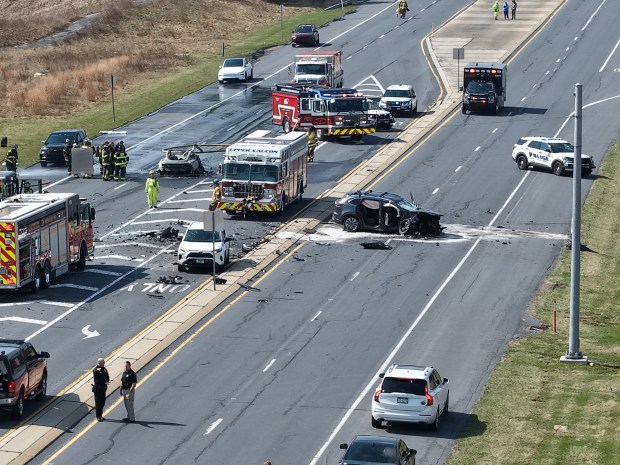 One person is dead after a 7-vehicle crash Sunday, March 22, 2026, on Center Valley Parkway in Upper Saucon Township. A car driven by Brian McKenna, 62, crossed the center concrete median and hit multiple vehicles traveling eastbound, authorities said. McKenna died and three others were taken to hospitals. (Rich Rolen/Special to The Morning Call)