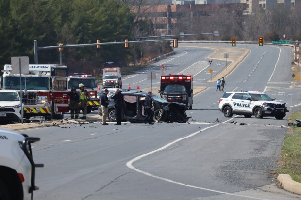 One person is dead after a 7-vehicle crash Sunday, March 22, 2026, on Center Valley Parkway in Upper Saucon Township. A car driven by Brian McKenna, 62, crossed the center concrete median and hit multiple vehicles traveling eastbound, authorities said. McKenna died and three others were taken to hospitals. (Rich Rolen/Special to The Morning Call)