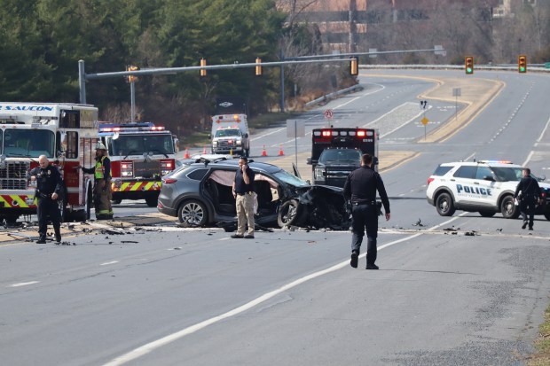 One person is dead after a 7-vehicle crash Sunday, March 22, 2026, on Center Valley Parkway in Upper Saucon Township. A car driven by Brian McKenna, 62, crossed the center concrete median and hit multiple vehicles traveling eastbound, authorities said. McKenna died and three others were taken to hospitals. (Rich Rolen/Special to The Morning Call)