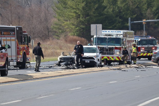 One person is dead after a 7-vehicle crash Sunday, March 22, 2026, on Center Valley Parkway in Upper Saucon Township. A car driven by Brian McKenna, 62, crossed the center concrete median and hit multiple vehicles traveling eastbound, authorities said. McKenna died and three others were taken to hospitals. (Rich Rolen/Special to The Morning Call)