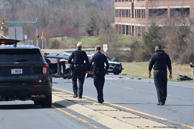 One person is dead after a 7-vehicle crash Sunday, March 22, 2026, on Center Valley Parkway in Upper Saucon Township. A car driven by Brian McKenna, 62, crossed the center concrete median and hit multiple vehicles traveling eastbound, authorities said. McKenna died and three others were taken to hospitals. (Rich Rolen/Special to The Morning Call)