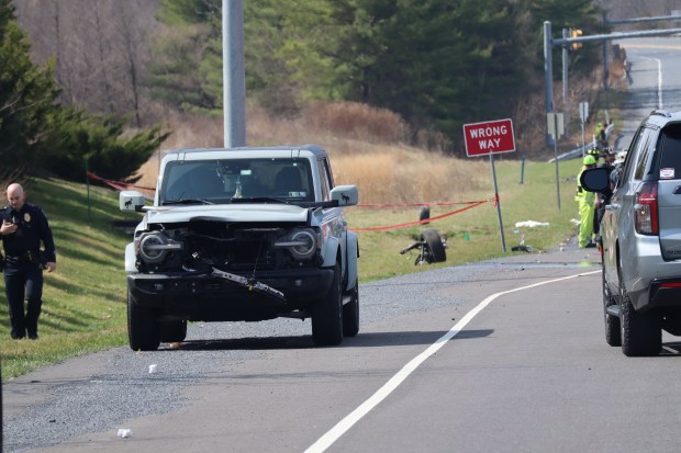 One person is dead after a 7-vehicle crash Sunday, March 22, 2026, on Center Valley Parkway in Upper Saucon Township. A car driven by Brian McKenna, 62, crossed the center concrete median and hit multiple vehicles traveling eastbound, authorities said. McKenna died and three others were taken to hospitals. (Rich Rolen/Special to The Morning Call)