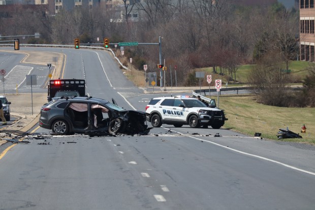 One person is dead after a 7-vehicle crash Sunday, March 22, 2026, on Center Valley Parkway in Upper Saucon Township. A car driven by Brian McKenna, 62, crossed the center concrete median and hit multiple vehicles traveling eastbound, authorities said. McKenna died and three others were taken to hospitals. (Rich Rolen/Special to The Morning Call)