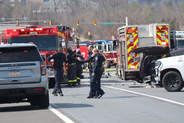 One person is dead after a 7-vehicle crash Sunday, March 22, 2026, on Center Valley Parkway in Upper Saucon Township. A car driven by Brian McKenna, 62, crossed the center concrete median and hit multiple vehicles traveling eastbound, authorities said. McKenna died and three others were taken to hospitals. (Rich Rolen/Special to The Morning Call)