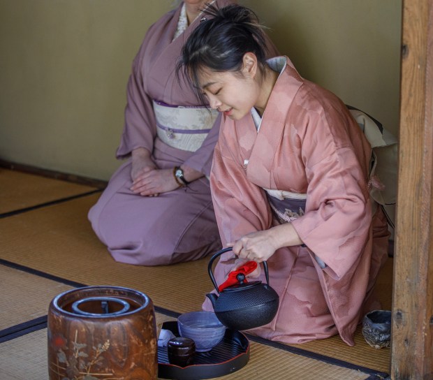 Tea Master Chu Chu, prepares a tea ceremony during the Bethlehem-Tondabayashi Sister City Commission's annual Cherry Blossom Festival on Saturday, March 28, 2026, at the Garden of Serenity in Bethlehem. The festival featured Japanese music, food, origami and tea ceremonies. (Jane Therese/Special to The Morning Call)