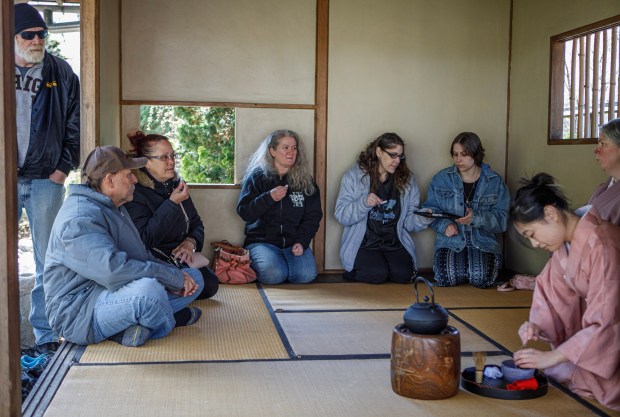 People attend a tea ceremony during the Bethlehem-Tondabayashi Sister City Commission's annual Cherry Blossom Festival on Saturday, March 28, 2026, at the Garden of Serenity in Bethlehem. The festival featured Japanese music, food, origami and tea ceremonies. (Jane Therese/Special to The Morning Call)