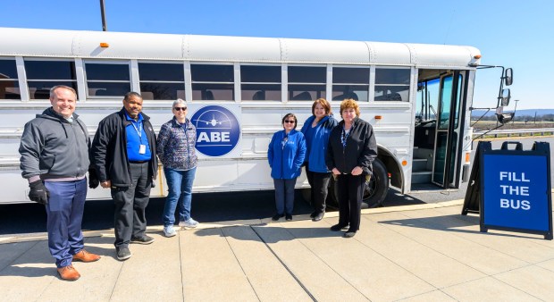 Lehigh Valley International Airport and the Lehigh Northampton Airport Authority host a Fill the Bus donation drive Thursday, March 19, 2026, in Hanover Township, Lehigh County. More than 20 carts were filled with donated paper products; toiletries, diapers and other baby products; gift cards; and nonperishable foods and beverages for Transportation Security Administration and Federal Aviation Administration workers at the airport who aren't being paid during the partial federal government shutdown. (April Gamiz/The Morning Call)