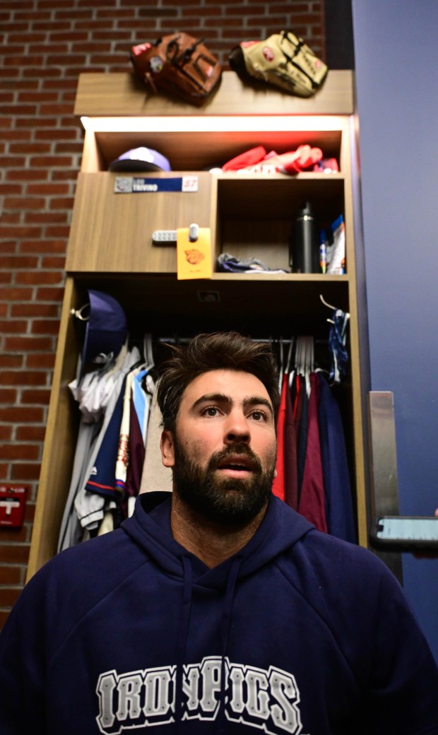 Lehigh Valley IronPigs Lou Trivino sits at his locker inside the IronPigs clubhouse on Wednesday, March 25, 2026, during media day at Coca-Cola park in Allentown. (Monica Cabrera/The Morning Call)
